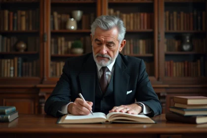 Homme d'âge moyen en costume dans un bureau ancien