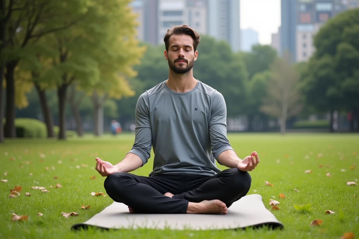 Homme méditant dans un parc urbain verdoyant