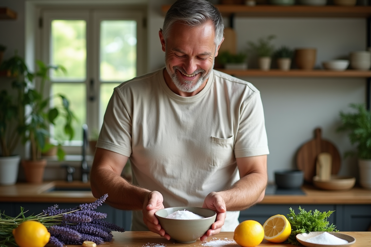 Homme mélangeant sel marin et huile avec citron et lavande dans la cuisine