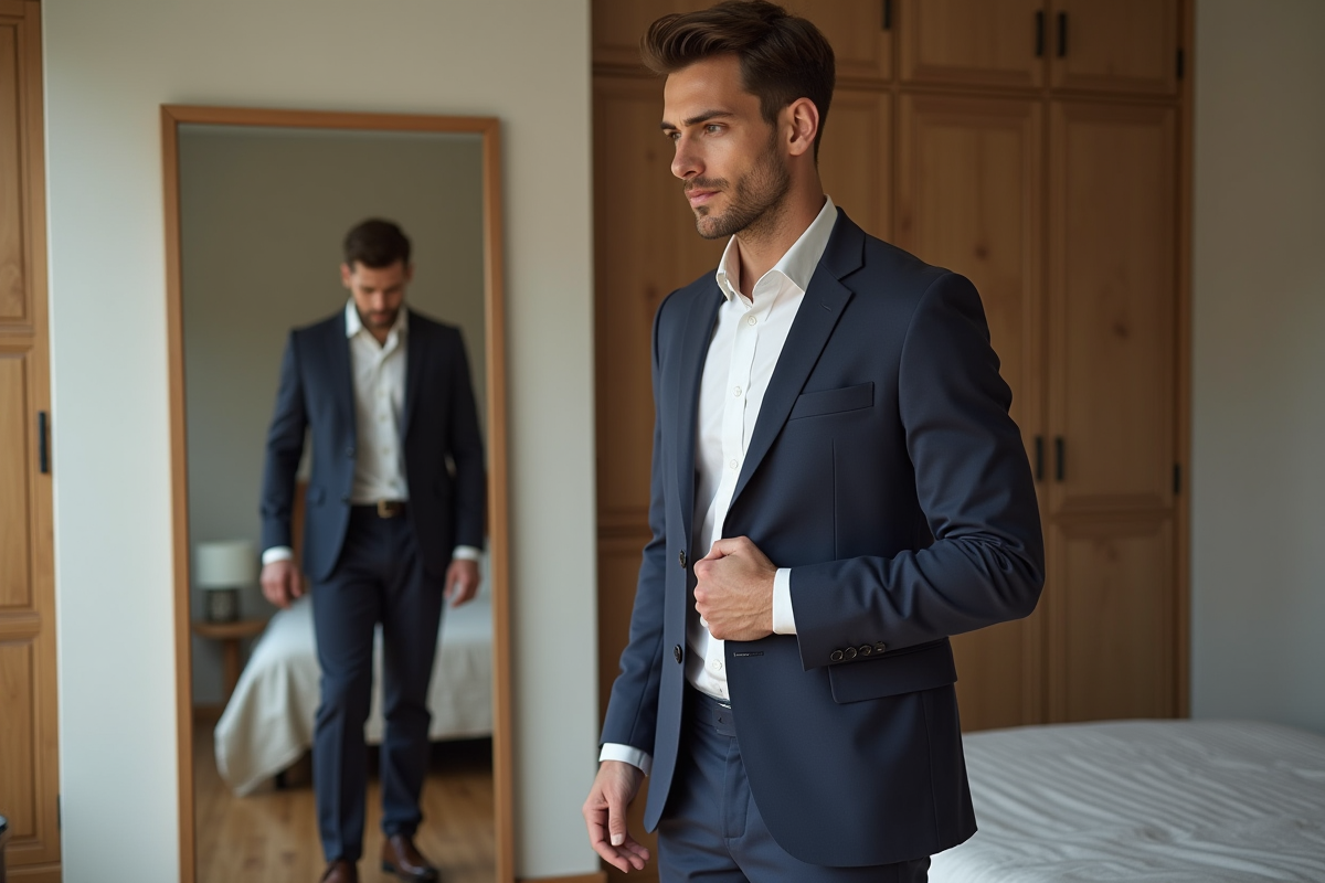 Homme vérifiant sa posture dans un miroir intérieur