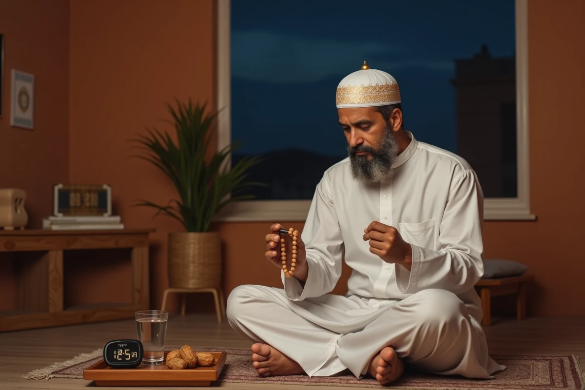 Homme musulman vérifiant l'heure de l'imsak sur une horloge avant l'aube, assis sur un tapis de prière avec des dattes et un verre d'eau