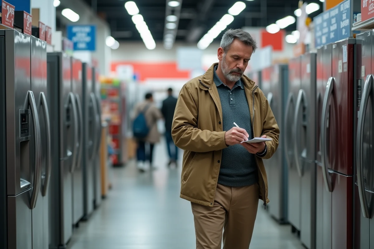 Homme prend des notes sur des étiquettes de soldes en magasin