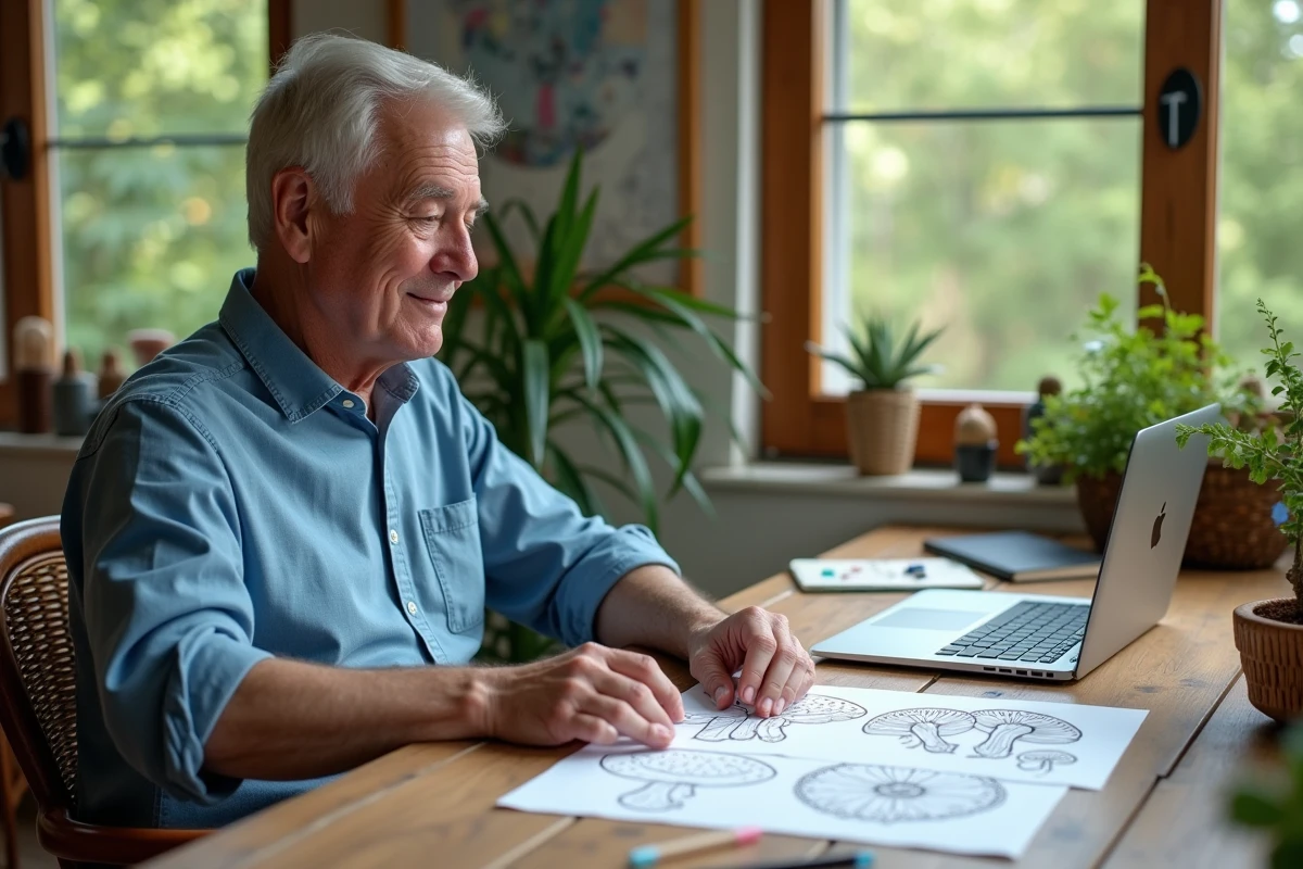 Homme arrangeant des pages de coloriage champignons