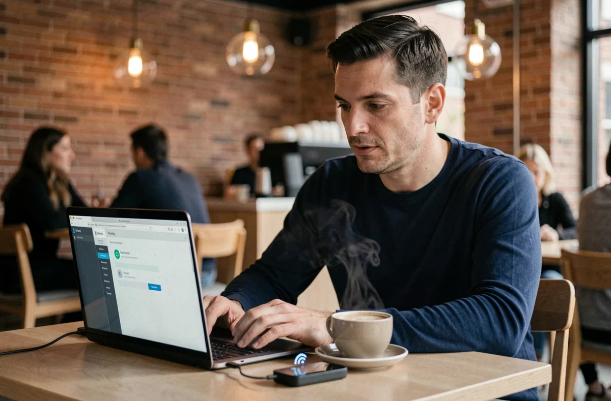 Homme travaillant dans un café avec un outil de confidentialité en ligne et un point d'accès mobile