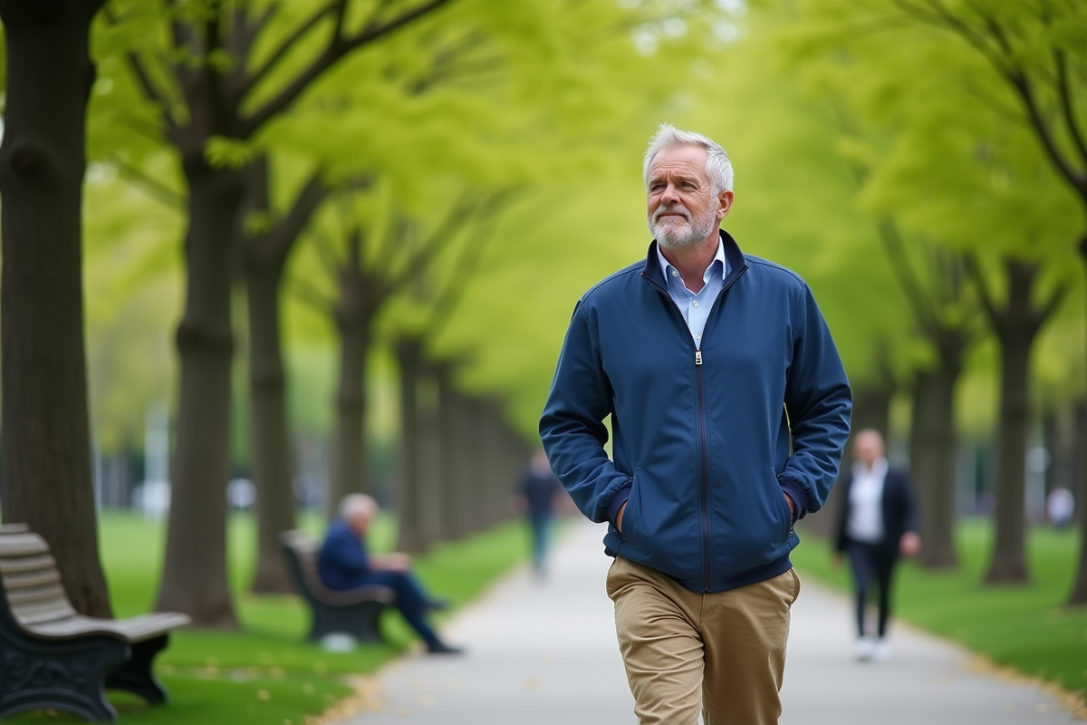 Homme marche dans un parc urbain au printemps