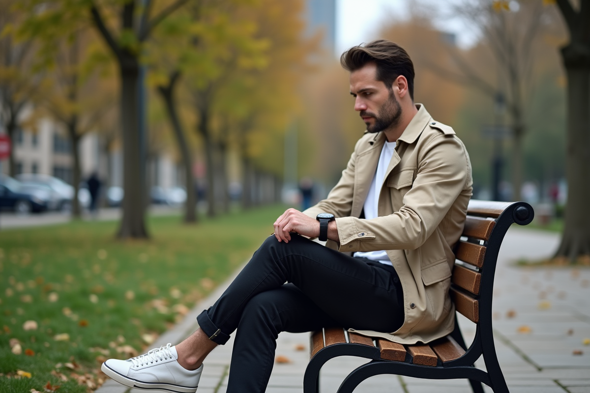 Homme en trench et chinos dans un parc urbain