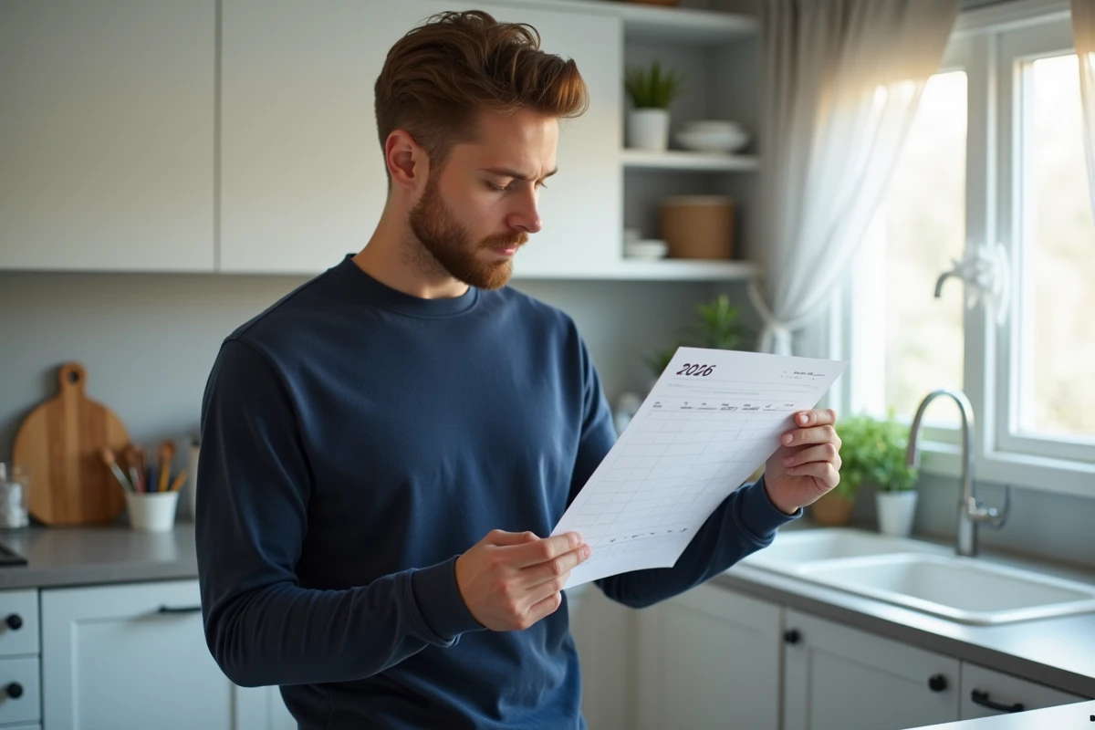 Homme consultant un planning mensuel imprimé 2026 dans une cuisine moderne lumineuse, stylo derrière l'oreille