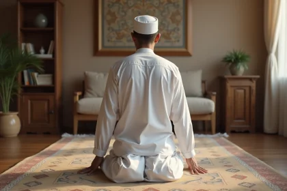 Homme musulman en tenue blanche effectuant la prosternation de la prière du Maghreb sur un tapis de prière traditionnel dans un salon calme
