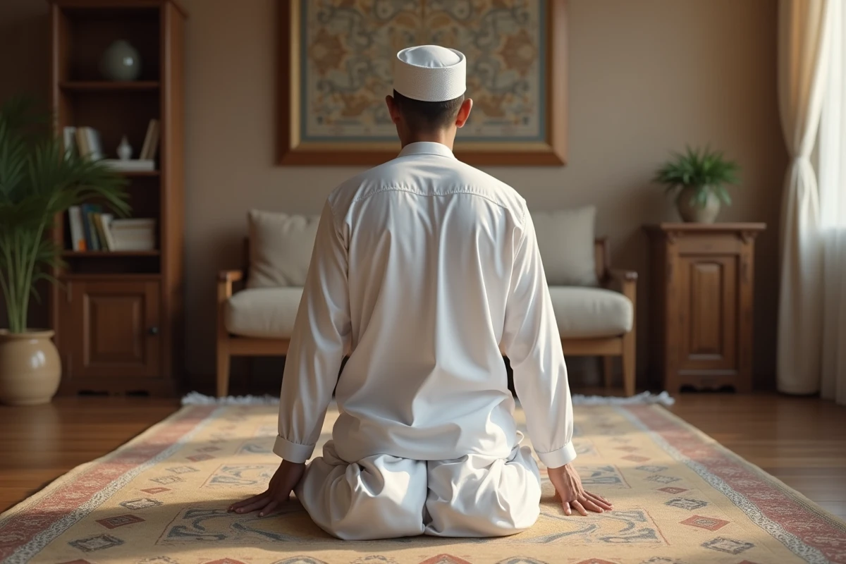 Homme musulman en tenue blanche effectuant la prosternation de la prière du Maghreb sur un tapis de prière traditionnel dans un salon calme