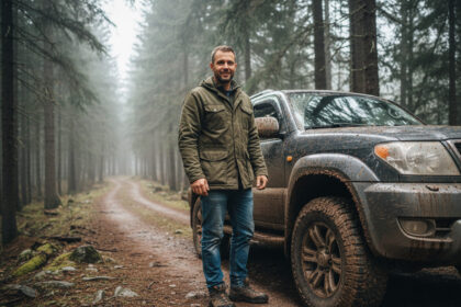 Homme en plein air avec SUV en forêt pour article aventure