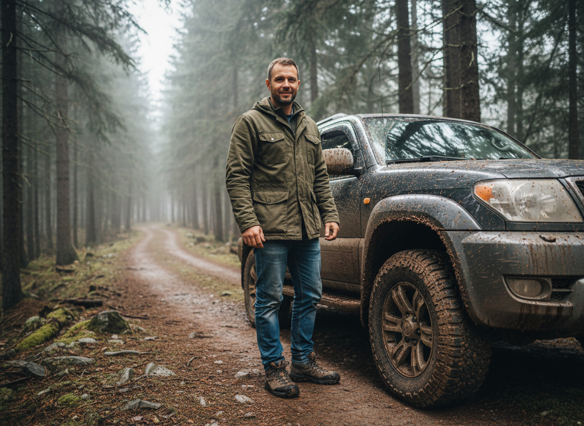 Homme en plein air avec SUV en forêt pour article aventure