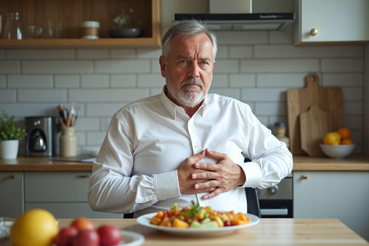 Homme pensif au repas dans une cuisine lumineuse