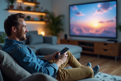 Homme souriant regardant une projection 4K dans un salon cosy