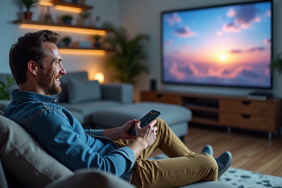 Homme souriant regardant une projection 4K dans un salon cosy