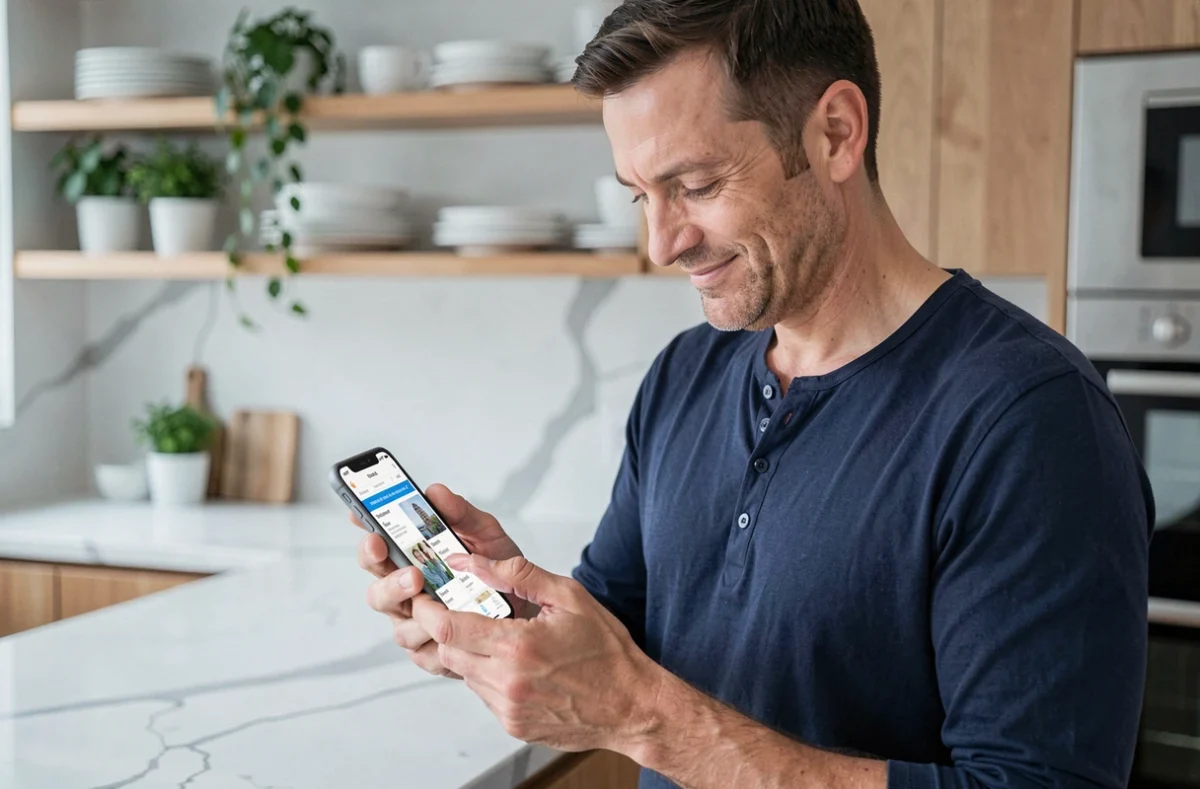 Homme consultant un site de réservation d'activités comme Funbooker sur smartphone dans une cuisine moderne