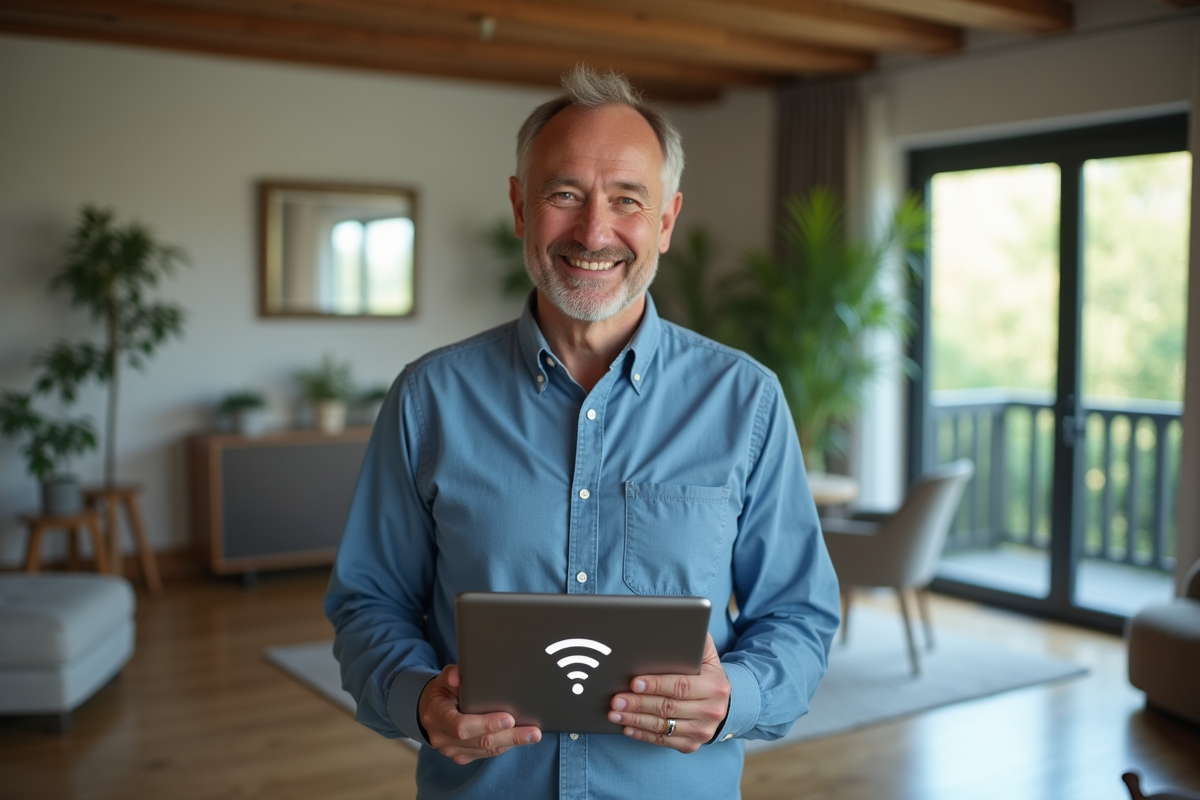 Homme souriant tenant une tablette avec signal WiFi fort