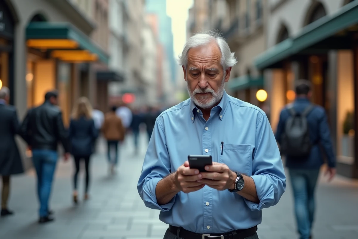 Homme d age moyen sur un trottoir urbain regardant son téléphone