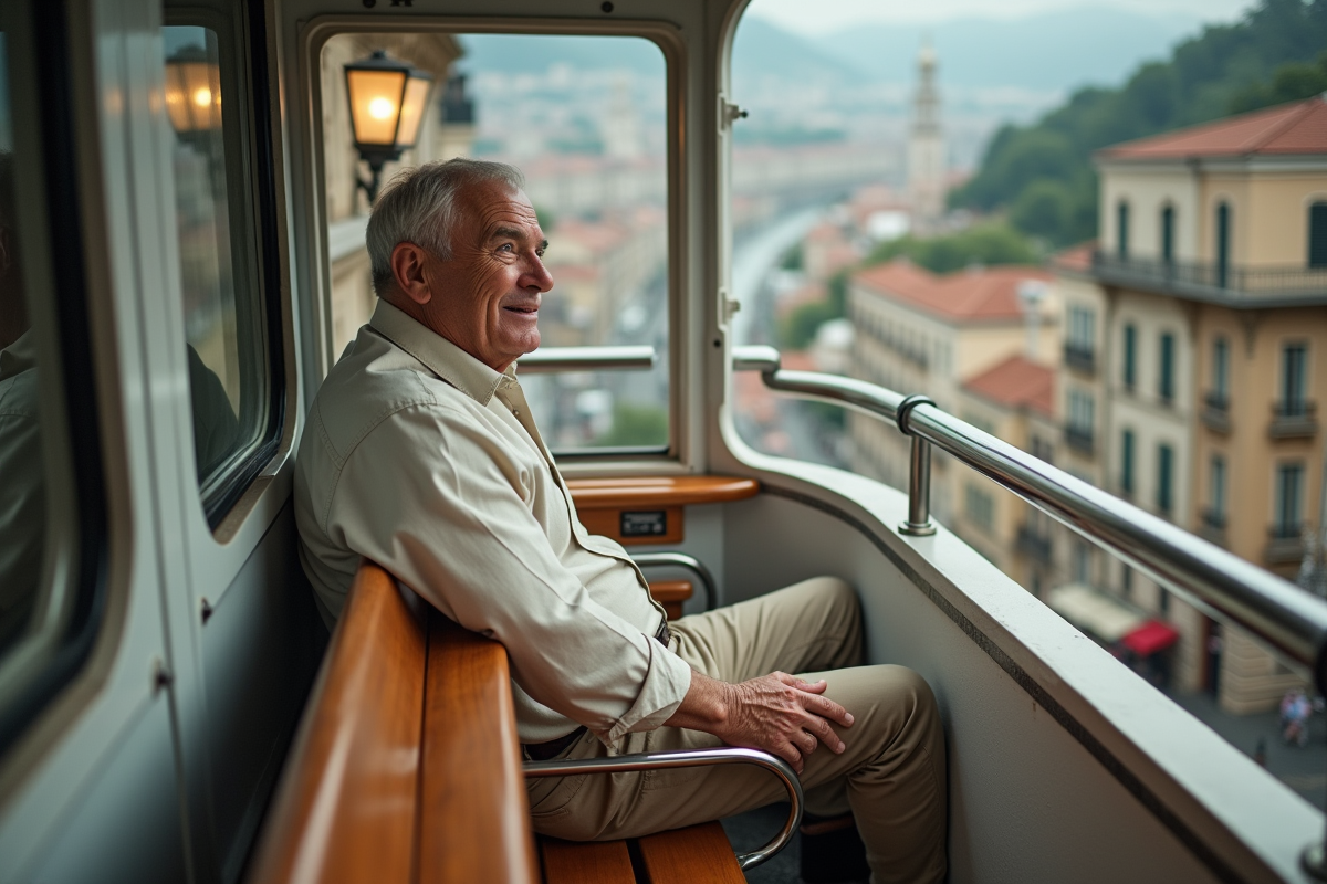 Homme âgé regardant la ville depuis un funiculaire en montée