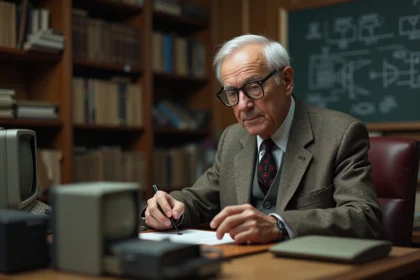 Homme âgé avec lunettes examine un ancien ordinateur dans un bureau vintage