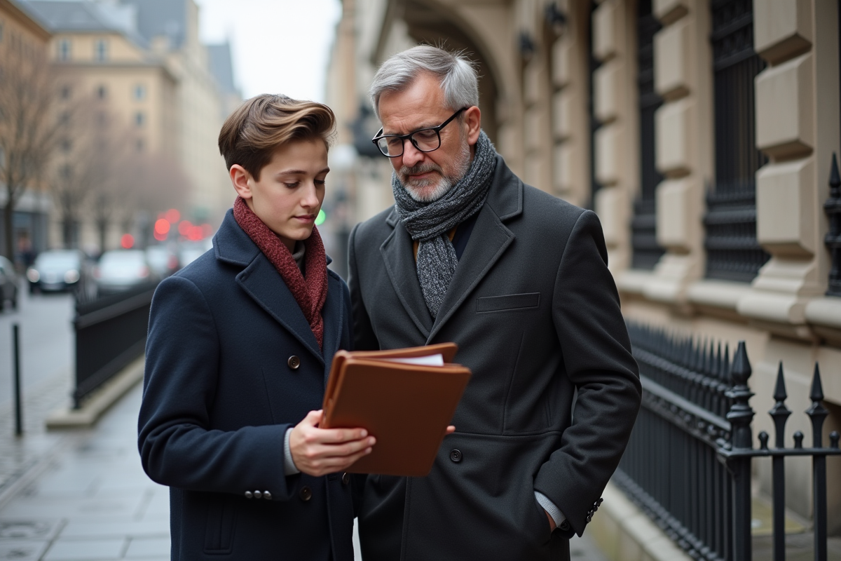 Père et fils en hiver regardant un portfolio en ville