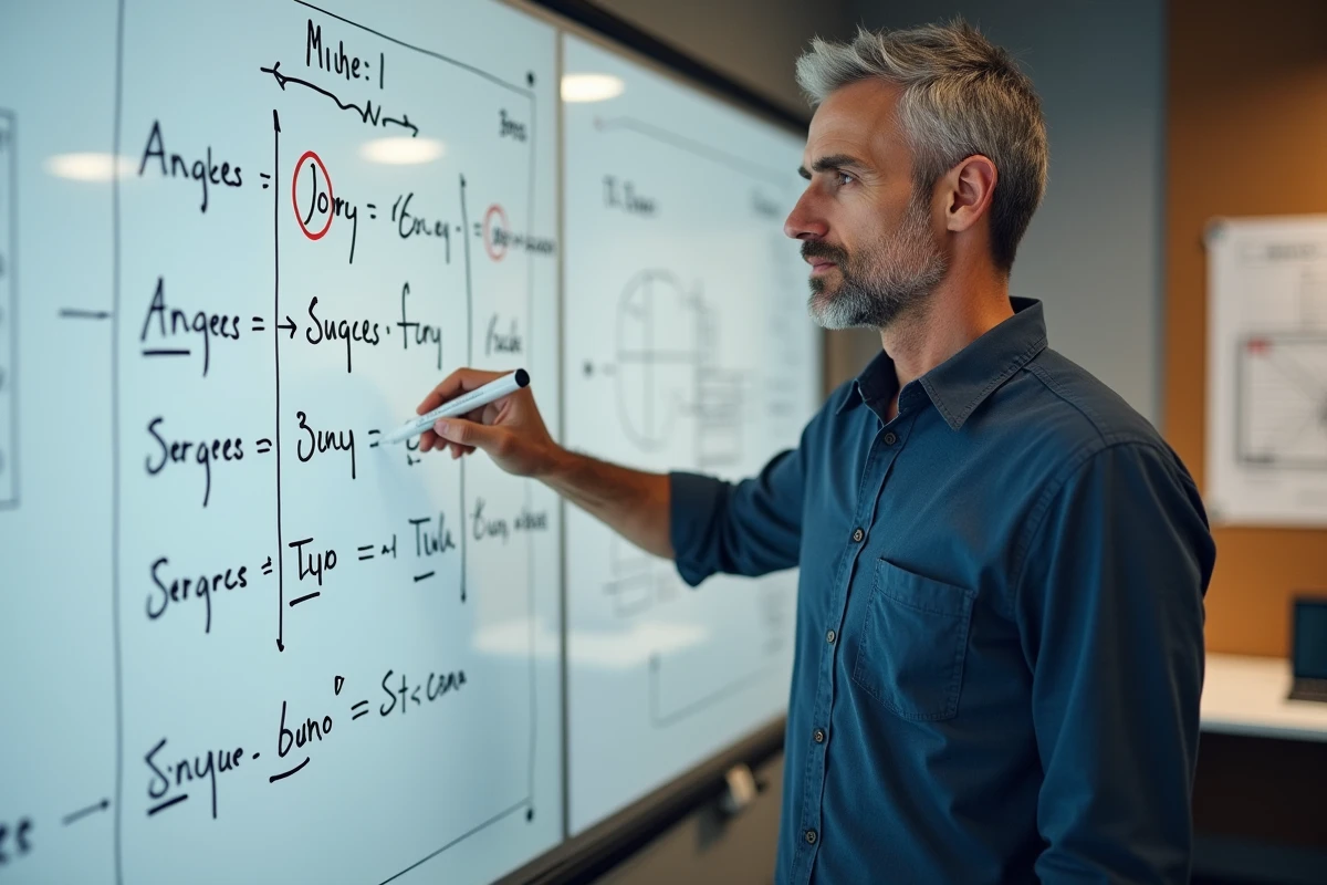Ingénieur devant un tableau blanc avec des formules mathématiques de conversion d'angles en pourcentage de pente