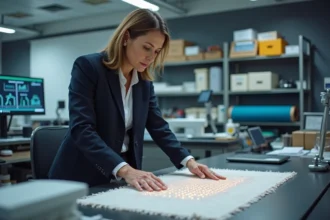 Ingénieure textile examinant un tissu innovant avec fibres électroniques