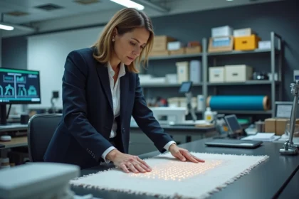 Ingénieure textile examinant un tissu innovant avec fibres électroniques