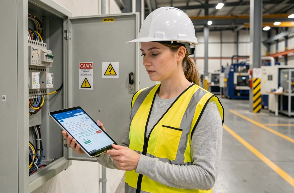Ingénieure électricienne vérifiant la compatibilité d'un transformateur 380V 220V sur tablette devant un tableau électrique industriel