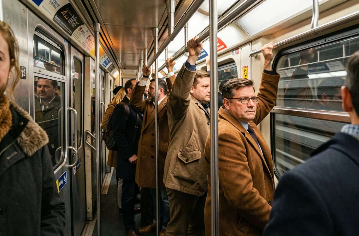Intérieur d'une rame bondée de la ligne 4 du métro de Paris aux heures de pointe