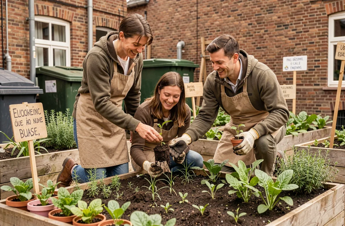 Groupe de bénévoles plantant des semis dans un jardin urbain partagé à Lille lors d'un atelier écologique