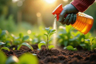 Mains de jardinier avec gants versant herbicide naturel sur mauvaises herbes