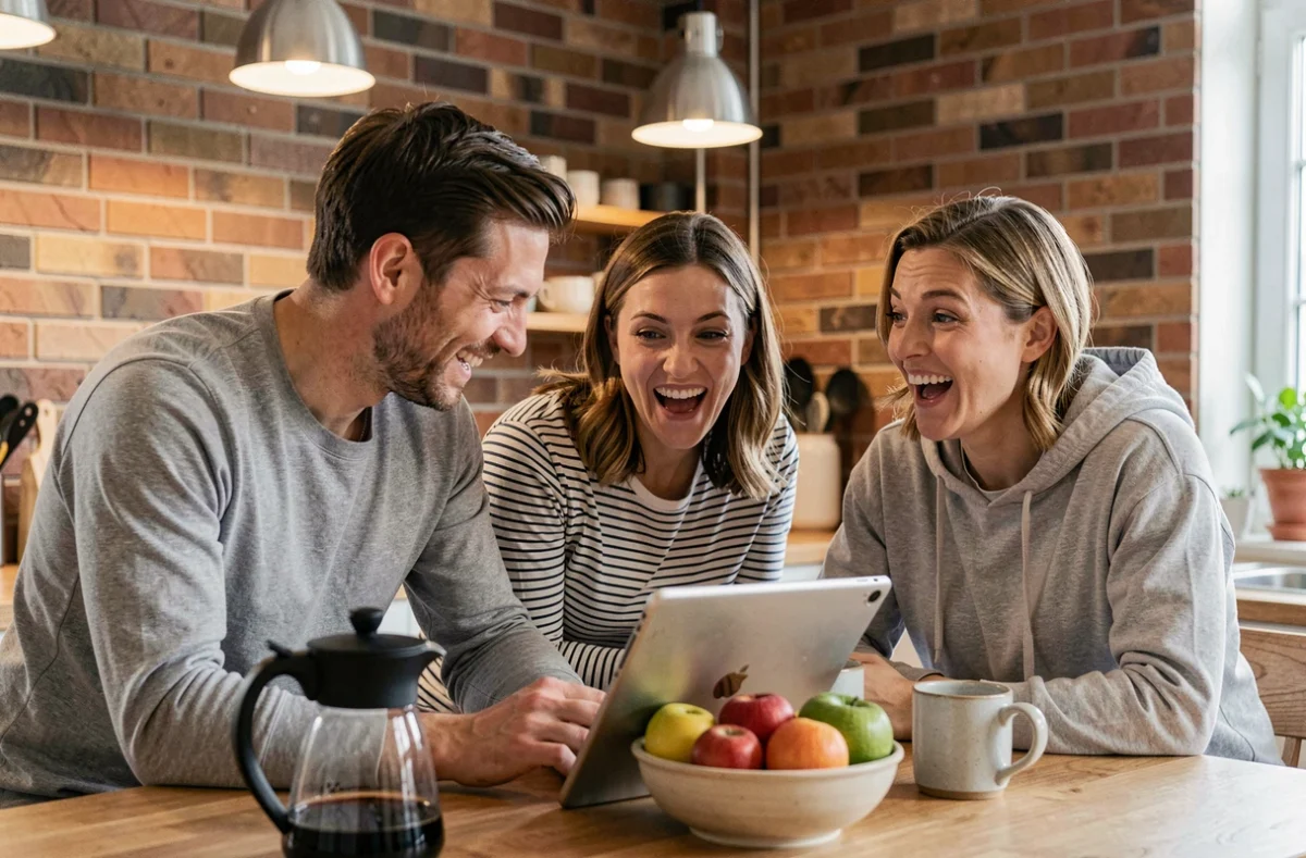 Trois amis découvrant ensemble le jeu du demi-cercle en version digitale autour d'une table de cuisine
