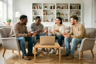 Groupe d'adultes jouant au jeu du demi-cercle en ligne autour d'un ordinateur portable dans un salon moderne