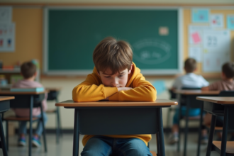 Adolescent seul à son bureau dans une classe en désordre