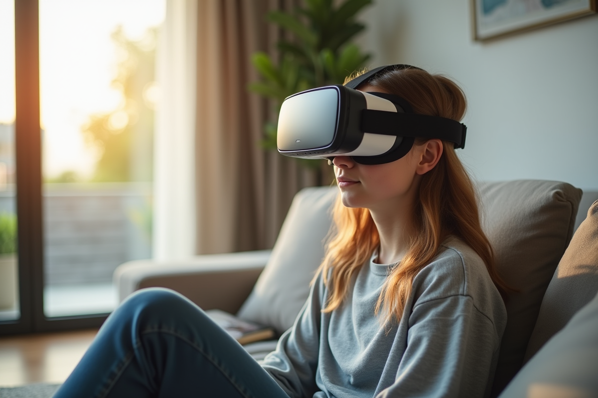 Jeune adulte portant un casque VR dans un salon lumineux