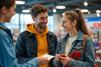 Jeune couple souriant avec équipement sportif dans un magasin Decathlon