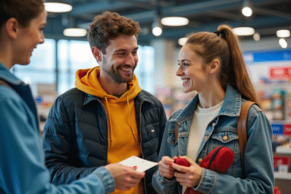 Jeune couple souriant avec équipement sportif dans un magasin Decathlon