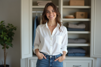 Jeune femme en appartement moderne en tenue décontractée