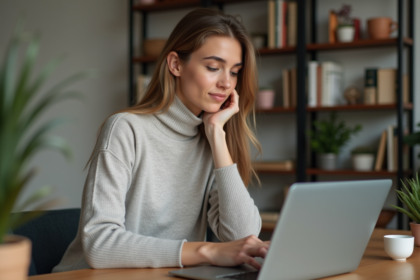 Jeune femme au bureau à domicile regarde un site d'abonnement
