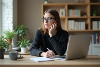 Jeune femme en bureau moderne avec ordinateur portable