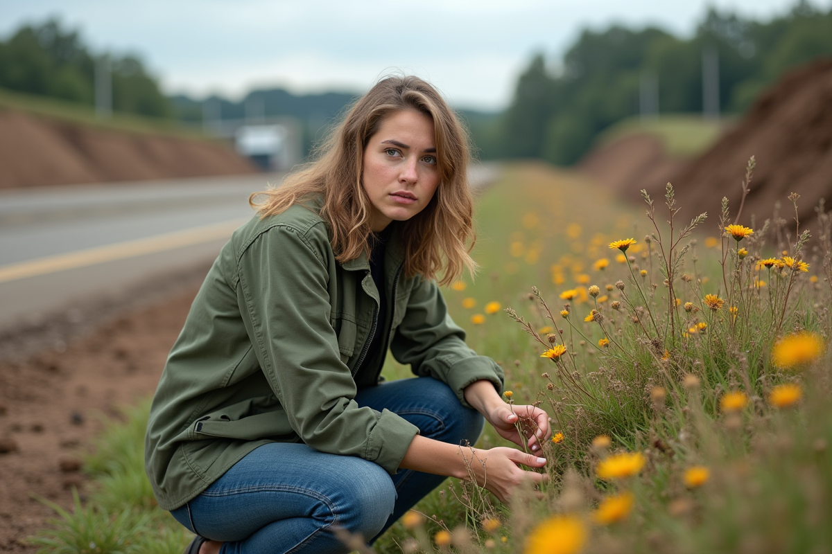 Jeune femme environnementaliste près des fleurs fanées