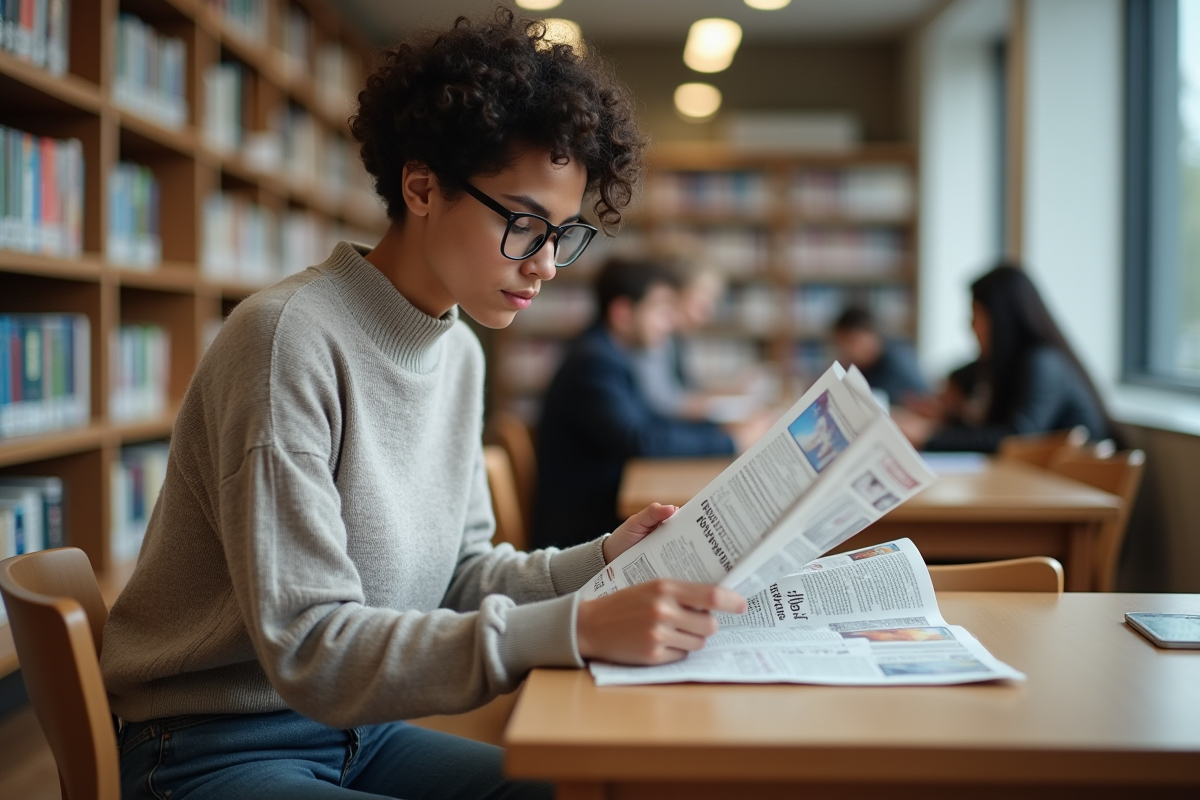 Jeune femme lisant un journal dans une bibliothèque moderne