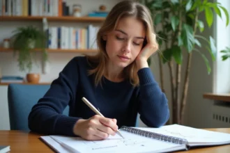 Jeune femme concentrée écrivant des notes mathématiques dans un bureau lumineux