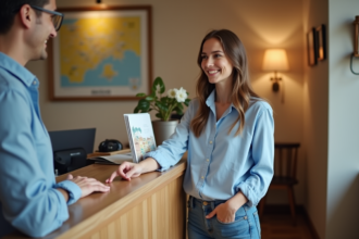 Jeune femme souriante à la réception d'un hôtel à Nice