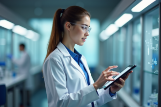 Jeune scientifique en laboratoire lisant un diagramme cellulaire