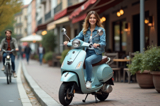 Jeune femme en denim avec scooter en ville