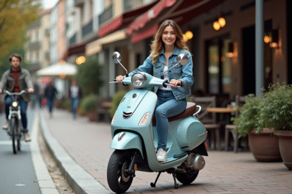Jeune femme en denim avec scooter en ville