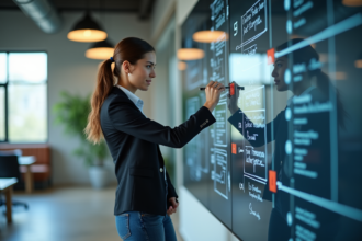 Jeune femme en coworking esquissant sur un tableau digital