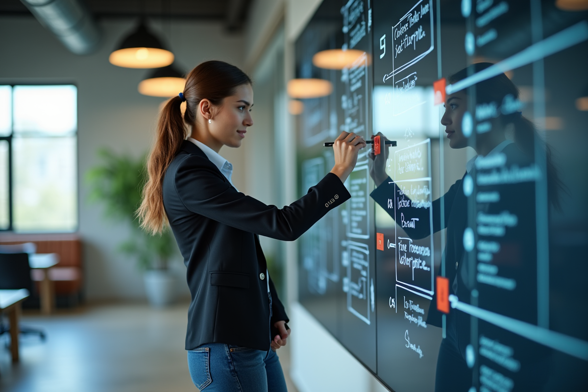 Jeune femme en coworking esquissant sur un tableau digital