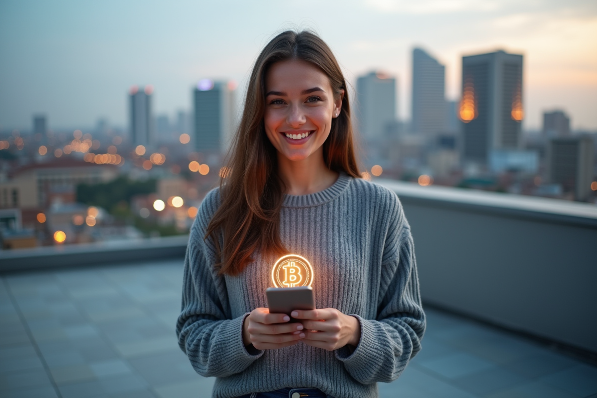 Jeune femme souriante tenant un smartphone avec symbole bitcoin en extérieur
